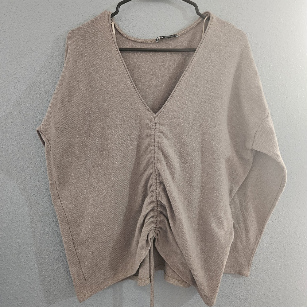 Zara Cinched Front V-neck‎ Sweater Women's Size M Brown